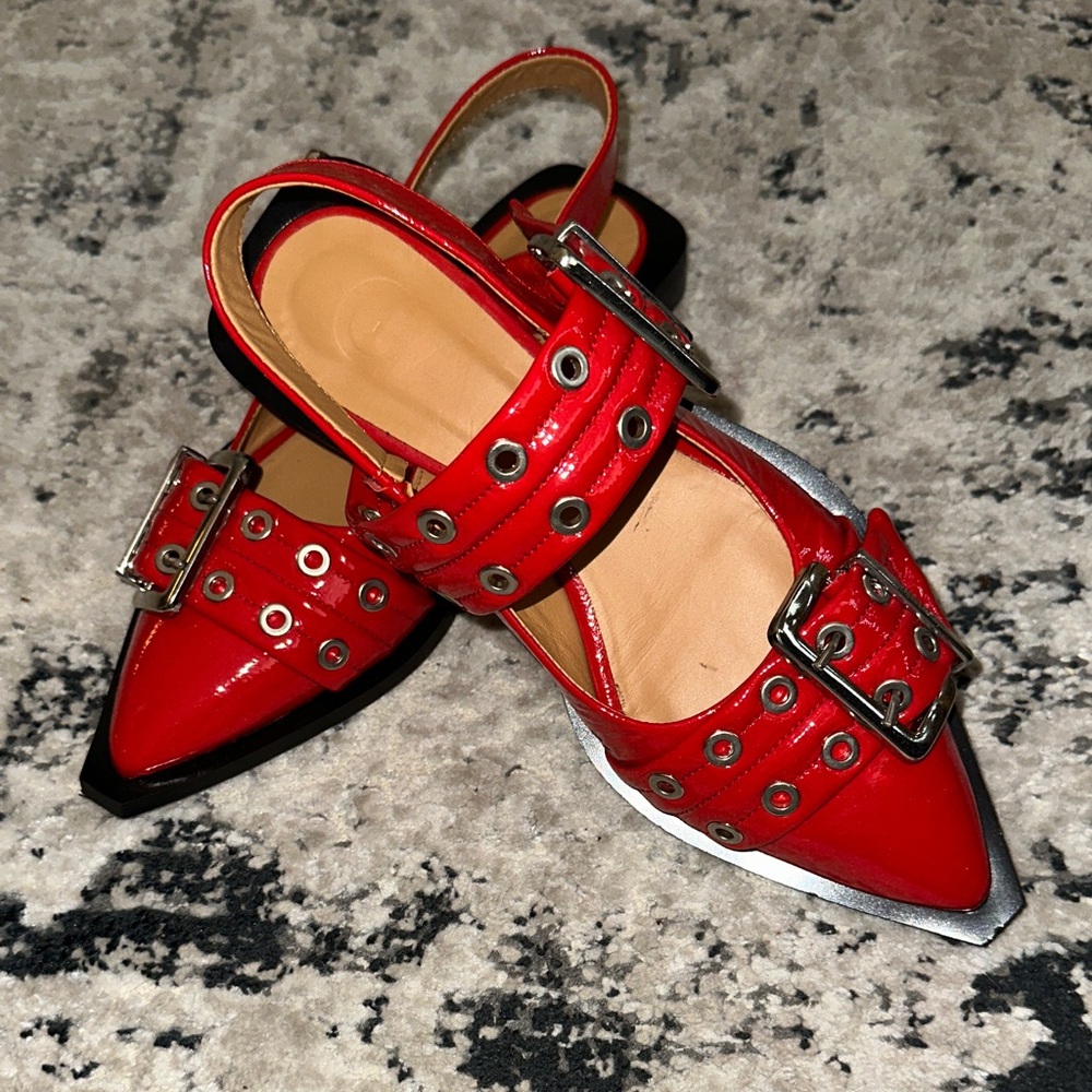 Ganni Red Feminine Buckle Ballerinas